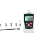 Heavy Duty Digital Force Gauge And Push Pull Dynamometer Featuring Auto Backlight And Peak Hold Mode For Zero Sweat Lab Or Workshop Testing Up To 300 Newtons with attachments.