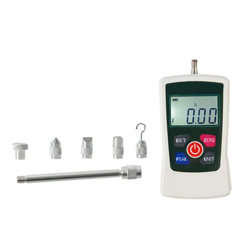 Heavy Duty Digital Force Gauge And Push Pull Dynamometer Featuring Auto Backlight And Peak Hold Mode For Zero Sweat Lab Or Workshop Testing Up To 300 Newtons with attachments.