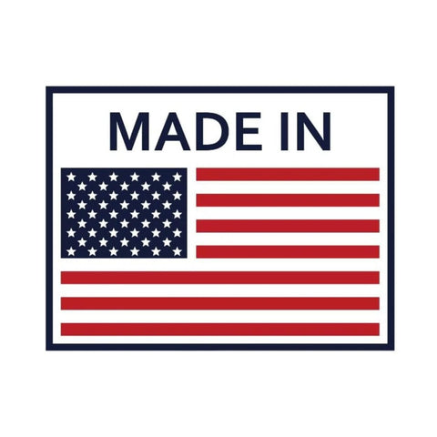 Made in USA flag graphic badge with blue border and red stripes.