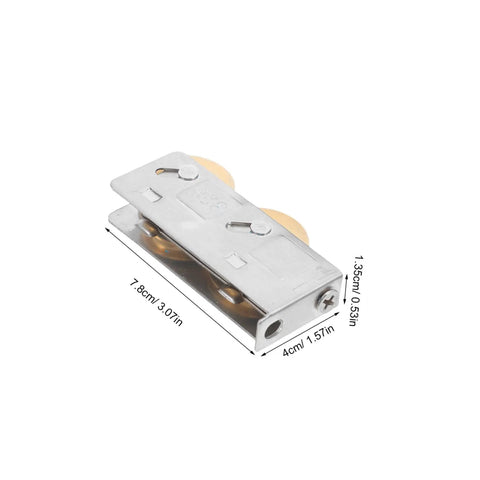 Rock Solid Heavy Duty Double Wheel Sliding Door Pulley Two Pack Stainless Steel Roller Kit with copper wheels dimensions view.