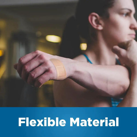 Person with arm showing a flexible fabric adhesive bandage for wounds and scrapes breathable with nonstick pad latex free 1x3 inch