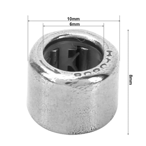 Compact One Way Needle Roller Bearing Also Known As Clutch Bearing HF0608, 6mm x 10mm x 8mm, heavy duty steel construction.