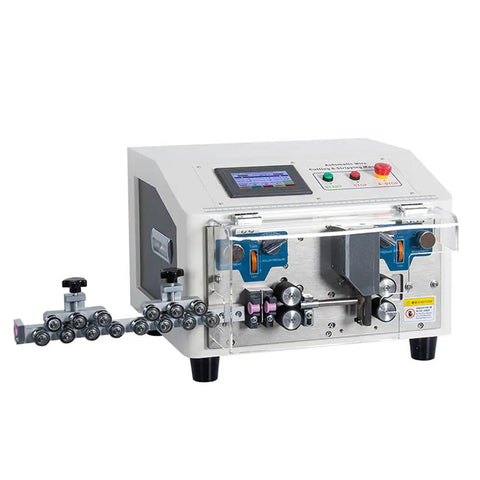 Dead-On Automatic Cable And Wire Cutting Stripping Machine With Slick Touchscreen Interface showing controls and cable feed mechanism.