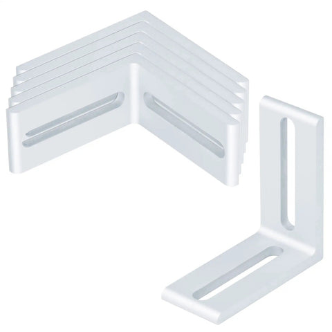 6 Pack 4040 T-Slot Aluminum Inside L Shape Corner Connectors, Heavy Duty M8 Bolt Mounts With Anodized Silver Finish, showing six metal connectors.