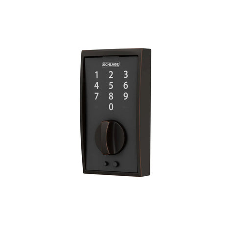 Side view of keyless front door lock with touchscreen keypad in aged bronze, no keys needed, electronic deadbolt for secure home entry.