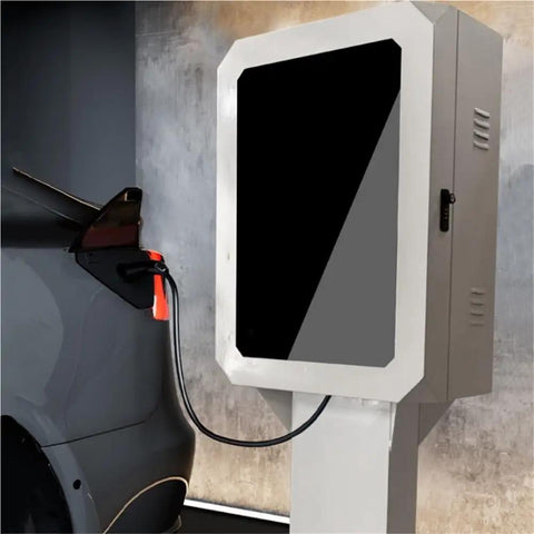 Rock Solid EV Charger Lock Box with Key Outdoor Water Resistant cover, floor mounted charging station, vehicle plugged in.