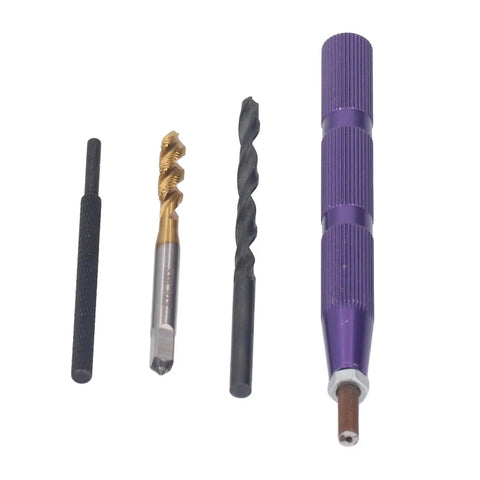 Close-up of Pro Grade 54Pc Metric Thread Repair Kit with 304 stainless steel inserts and tools for home auto and machinery maintenance.