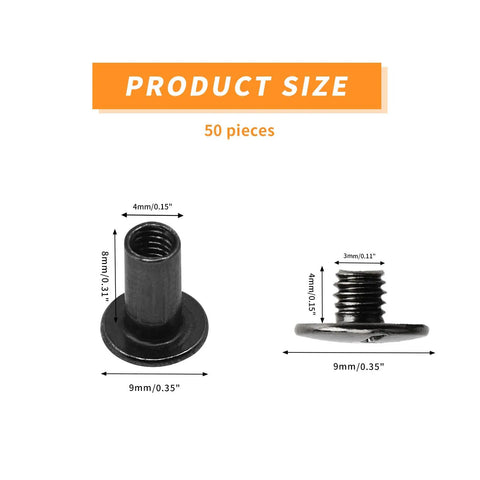 Grab Boss Chicago Screws For Book Binding And Riveting A Gang Size Pack Of 50 M4X8mm Slotted Dual Head Binding Screws With Black Finish showing size dimensions.