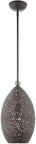 Bold Bronze Pendant Light With Antique Brass Accents And Filigreed Metal Shade With Gold Interior For Kitchen And Bar Vibe One Light Canopy Diameter Five And One Eighth Inches