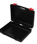Rock Solid Portable Plastic Tool Box Organizer With Snazzy Ergonomic Handle For Hand Tools And Craft Supply Storage; open black toolbox.