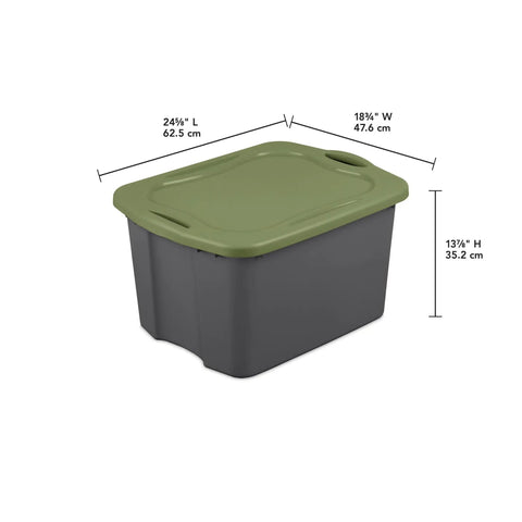 Heavy Duty 17.5 Gallon Plastic Storage Bin With Clear Lid And Full Length Through Wall Handles Gray Opaque Base Stacks Tight 70 Quart Tote For Blankets And Gear, showing dimensions.