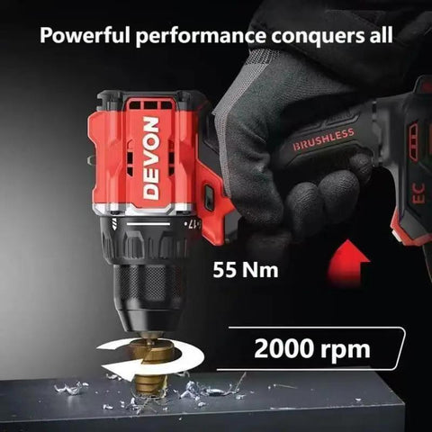 Pro Grade 20V Brushless Cordless Drill Driver Kit featuring 55Nm torque output drilling metal with 2000 rpm speed.