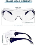 Frame measurements of Heavy Duty Over The Glasses Laser Safety Glasses For CO2 And Eximer Machines with ANSI certified optics.