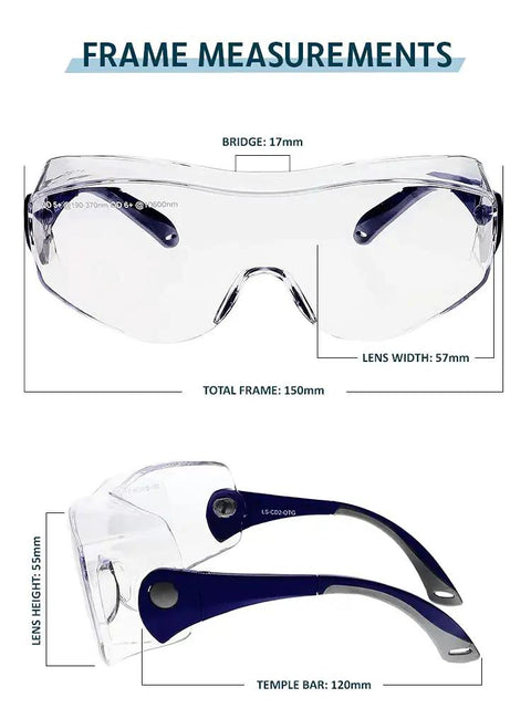 Frame measurements of Heavy Duty Over The Glasses Laser Safety Glasses For CO2 And Eximer Machines with ANSI certified optics.