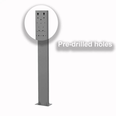 Heavy Duty Built Like A Tank EV Charger Station Box with weatherproof rain shield showing pre-drilled holes and gray steel post.