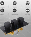 Wall Mounted Concealed Shower System With All Copper Thermostatic Valve Slick Matte Black Finish In Wall Waterfall Rain Shower Set Heavy Duty Hot Cold Mixing Valve showing control panel with matte black knobs.