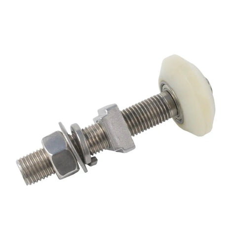 Heavy Duty Nylon Cold Storage Door Wheels With Rugged Pulleys And Guide Rollers Featuring M22 Thread And Sealed Bearings close-up of threaded roller assembly.