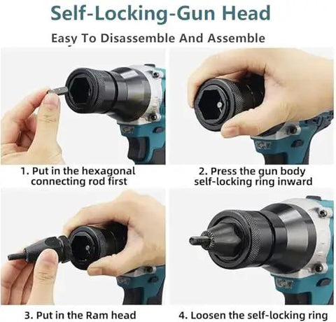 Heavy Duty Cordless Rivet Nut Gun With Dual 5200 Mah Batteries For M3 Through M12 Fasteners showing self-locking gun head assembly steps.
