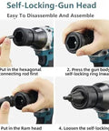 Slick Automatic Cordless Rivet Gun Workhorse Kit showing self-locking gun head assembly steps for M3-M12 fasteners.