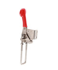Heavy Duty Quick Release Toggle Clamp with stainless steel build, red plastic anti slip handle, side view