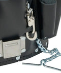Close-up of knife snap and chain tap on black leather tool pouch, part of Leather Tool Pouch Go-To 8 Pocket Carry System, Moisture-Resistant.