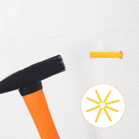 Self Drilling Wall Anchors Kit With Yellow Expansion Tubes being installed in drywall with a hammer