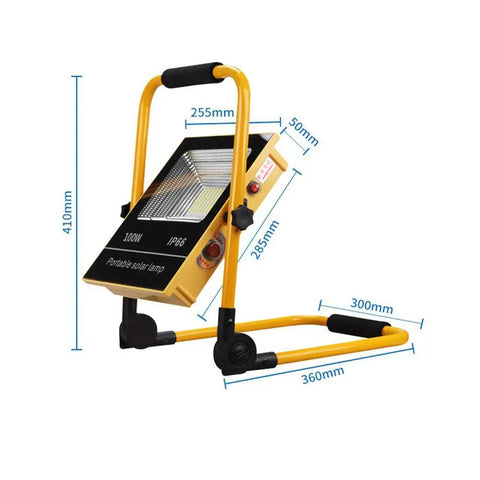 Legit Heavy 100W Portable LED Flood Light With Solar Panel And Rechargeable Battery IP65 Waterproof, standing design, measuring 410mm height.