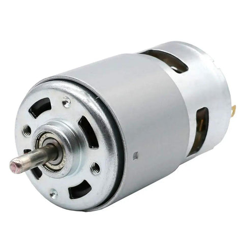 Premium 775 DC Motor Is a Smooth Operator Delivering Bone Crushing Torque at Ten Thousand RPM With Quality Ball Bearings Runs Flawless on 12 or 24 Volts for Real World DIY Fixes and Gear Mods, showing silver metal casing and shaft.