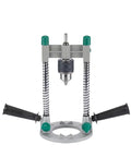 Adjustable Drill Guide Bracket for Hand Electric Drill 1.5mm to 13mm Chuck, 90 Degree Vertical Positioning, 10mm Thick Aluminum Base.