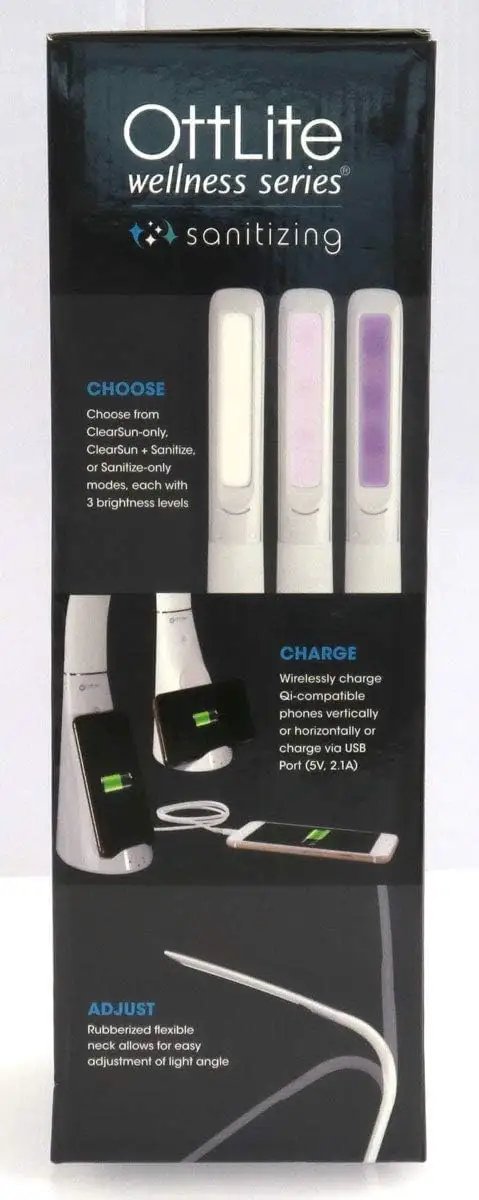 Packaging of Purify LED Desk Lamp With Wireless Charging, Touch Activated, shows lamp colors, charging, flexible gooseneck.