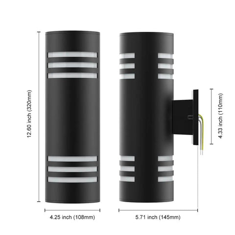 Prime Pick Modern Up Down Outdoor Wall Lights, Zero Hassle Black Aluminum Porch Sconces With Tough Water Shield E26 Mount For Driveway And Garage Space, 2 Pack dimensions and design view.