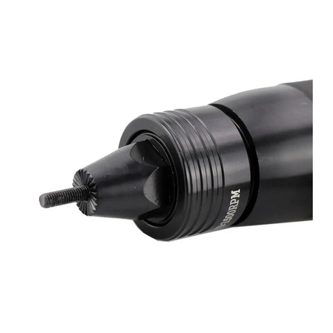 Close-up of All In One Pneumatic Rivet Gun Kit tip for blind riveting and rivnut installation, heavy duty yet lightweight aluminum body.