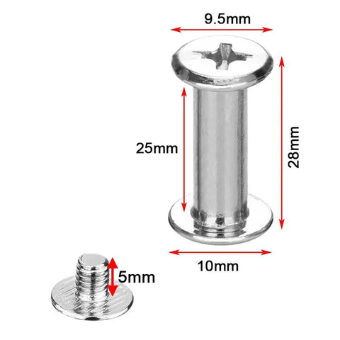 Thirty Piece Set Of Hella Sturdy Stainless Steel Chicago Screws For Rock Solid Leather Crafting and Bookbinding Gear With A Slick Polish and Tough Built to Last Performance Plus Easy Install Feature, showing 5x25mm size.