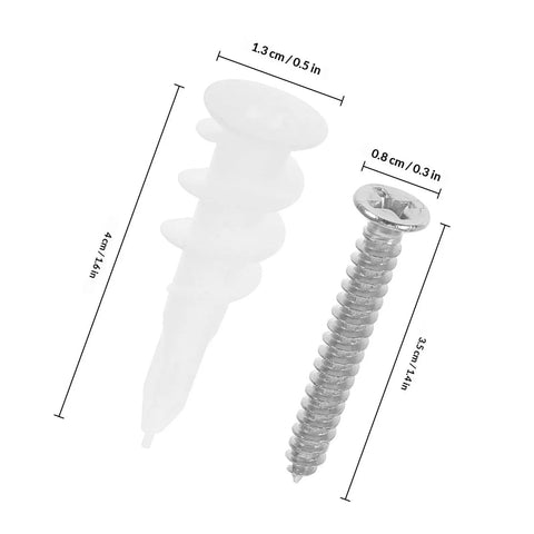 Heavy Duty Wall Anchors And Screws Kit, 50 Sets, Stainless Steel and Plastic, dimensions detailed view