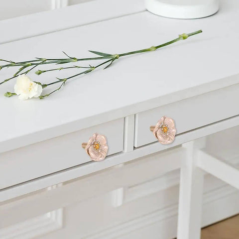 Premium Zinc Alloy Cabinet Knobs 4 Pack Featuring Floral Rhinestone Inlays Rust Resistant Drawer Pulls on white dresser drawers.