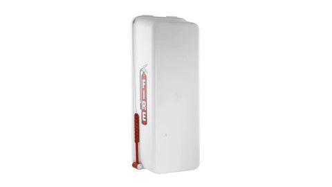 Six Pack White Surface Mounted Fire Extinguisher Cabinet With Hammer Attachment For Five Lb Fire Extinguisher Box. White plastic cabinet with fire label.