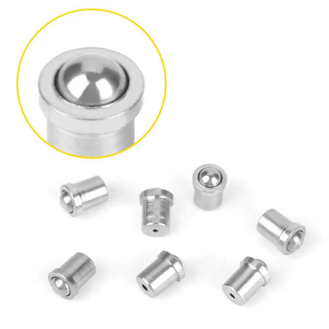 Close-up of 304 stainless steel positioning ball plungers for cabinet doors, part of 20 Pcs Dang Solid 304 Stainless Steel Positioning Ball Plungers That Keep Your Cabinet Doors Dead Center, Fine Thread Push Button Locking Pins For Quick Install And Rugged Performance On Any DIY Or Pro Project Shop Setup.