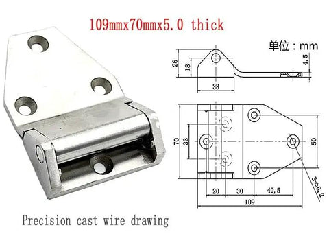 Rock Solid 304 Stainless Steel Weldable Barrel Door Hinge 109mm x 70mm x 5mm detailed drawing view for industrial applications.