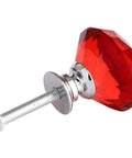 Top Shelf Red Diamond Cut Crystal Glass Cabinet Knobs Slick 30mm Drawer Pull Handles With Shiny Chrome Base And Mounting Screws close-up view.