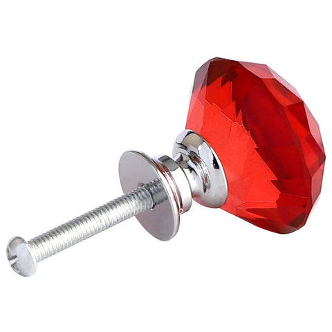 Top Shelf Red Diamond Cut Crystal Glass Cabinet Knobs Slick 30mm Drawer Pull Handles With Shiny Chrome Base And Mounting Screws close-up view.