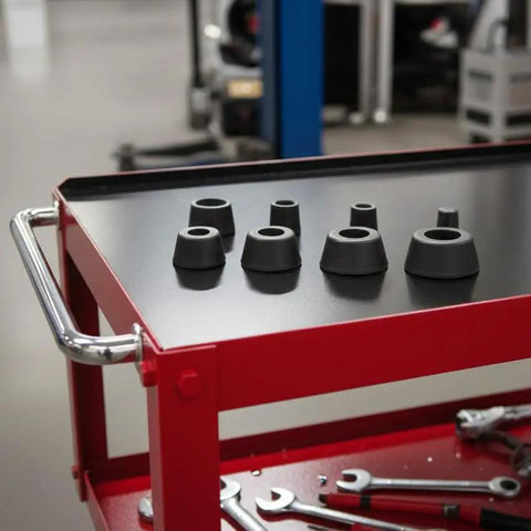 Heavy Duty Evap Smoke Machine Diagnostic Kit Featuring A Hella Universal Gas Cap Adapter And Eight Drop In Sealing Plugs on a workbench.