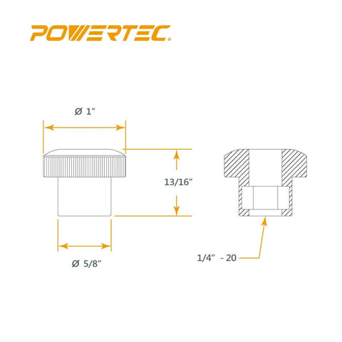 Diagram of 10 Pack One Quarter Inch Twenty Threaded Round Knobs For T Track And Jig Hardware showing dimensions and thread size.