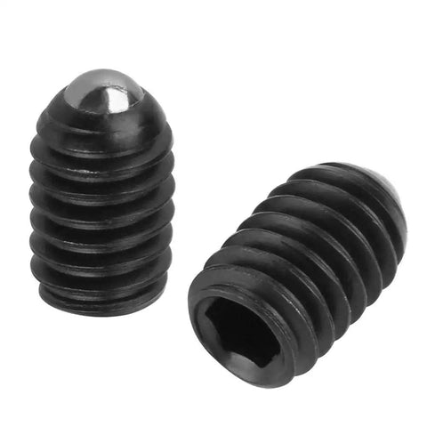 Ten Piece M4mm Hex Socket Ball Spring Plungers Crafted From Rock Solid Carbon Steel For No Hassle Installation And Tight Pressure Positioning On Any Project You Take On, showing two black carbon steel plungers.