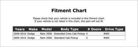 Fitment chart for Front Wheel Bearing And Hub Assembly For Dodge Ram 3500 2009-2010 with vehicle details.