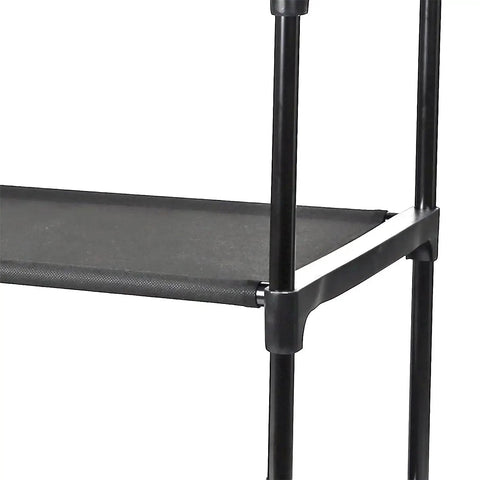 Four Shelf Closet Storage Rack Featuring Two Removable Fabric Storage Boxes Zero Sweat Metal Frame Assembly with black frame and shelf detail.