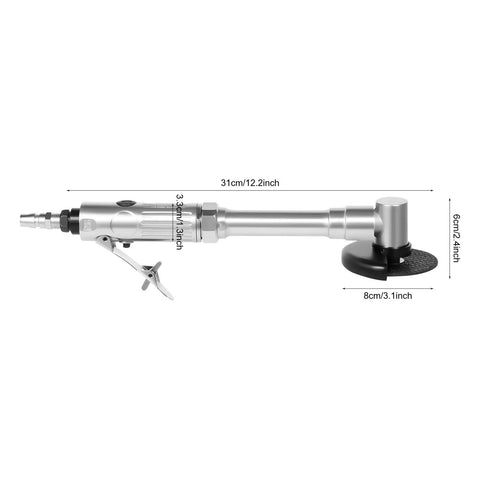 Pneumatic Angle Grinder With Extra Long Handle Air Powered Metal Cutting Tool Professional Grade Heavy Duty Yet Easy On The Hands For Tight Squeeze Spots And Auto Repair Shops With Smooth Industrial Handling side view with measurements.