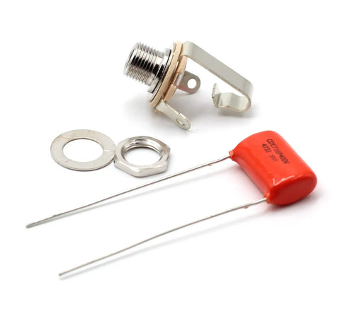 Slick Precision Bass Wiring Kit Featuring CTS 250K Pots And.047uF Orange Drop Capacitor with a jack and wiring components.