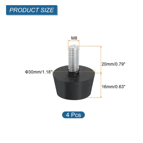 Heavy Duty Rubber Vibration Isolator Mounts 4Pcs Pack Conical Silent Blocks dimensions M8 30mm base height 20mm.