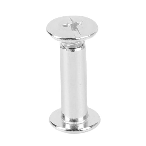 Badass Stainless Steel M4 Binding Posts And Flat Round Head Rivet Studs Barrel Screws showing a shiny silver screw binder for leather crafts.