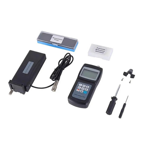 Hella Reliable Portable Surface Roughness Tester Meter With Dead Simple Digital Gauge Displays, handheld unit with probes and accessories.